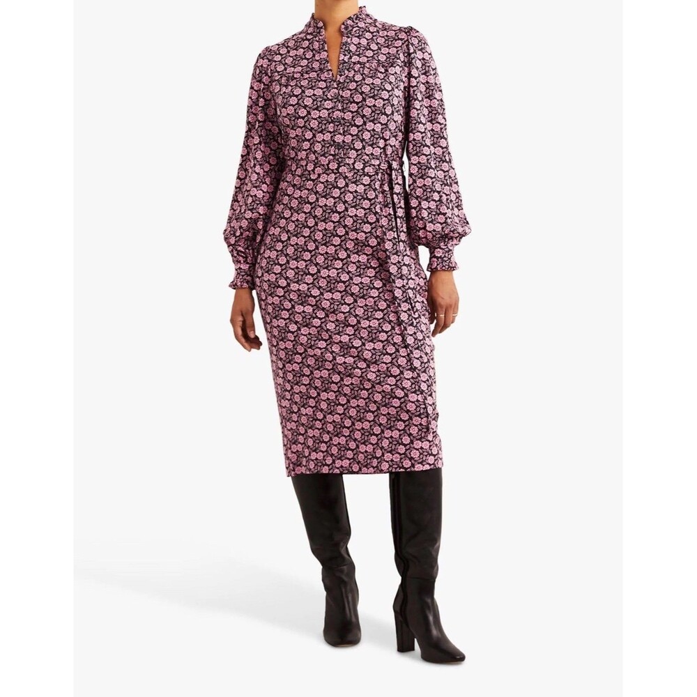Boden Midi Shirt Dress Womens Size 8R Pink Black Floral Long Sleeve Pockets Tie